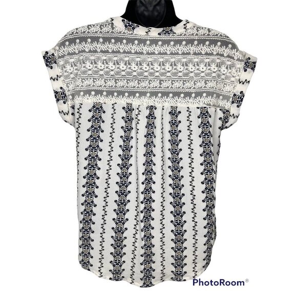 Mine Women's Blouse  Top Cap Sleeves V-Neck Ruffles Casual Floral Beige Size S - Picture 2 of 3